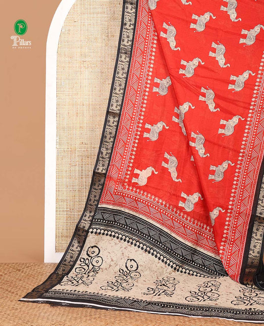 Red elephant motifs hand-block printed Assam cotton saree,contrast deer & tree zari border, floral print pallu & floral print blouse