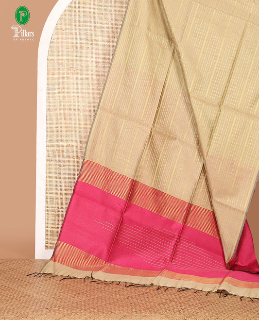 Borderless chikku horizontal zari striped semi-raw silk saree, striped pallu & contrast plain blouse