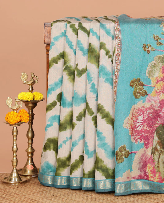 Blue zig-zag shibori printed Maheshwari silk saree,contrast peacock zari border, nature-theme scenery print pallu & butta print blouse