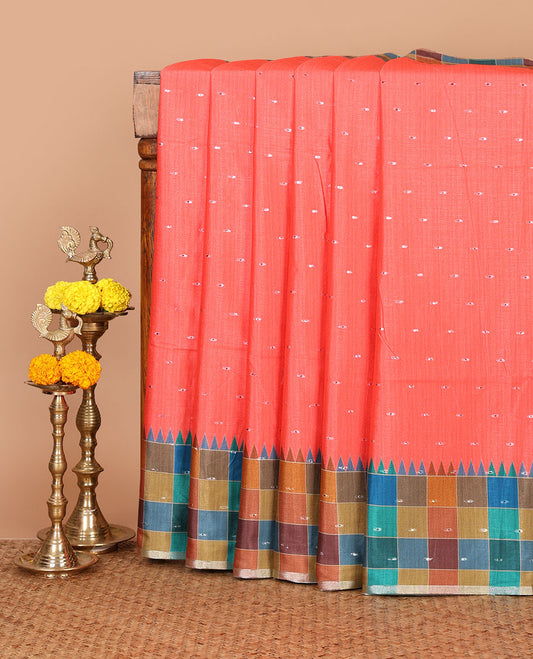 Tomato pink zari buttas Kathan silk saree, contrast border & pallu of multi-color checks & temple design, blouse of multi-color checks & buttas