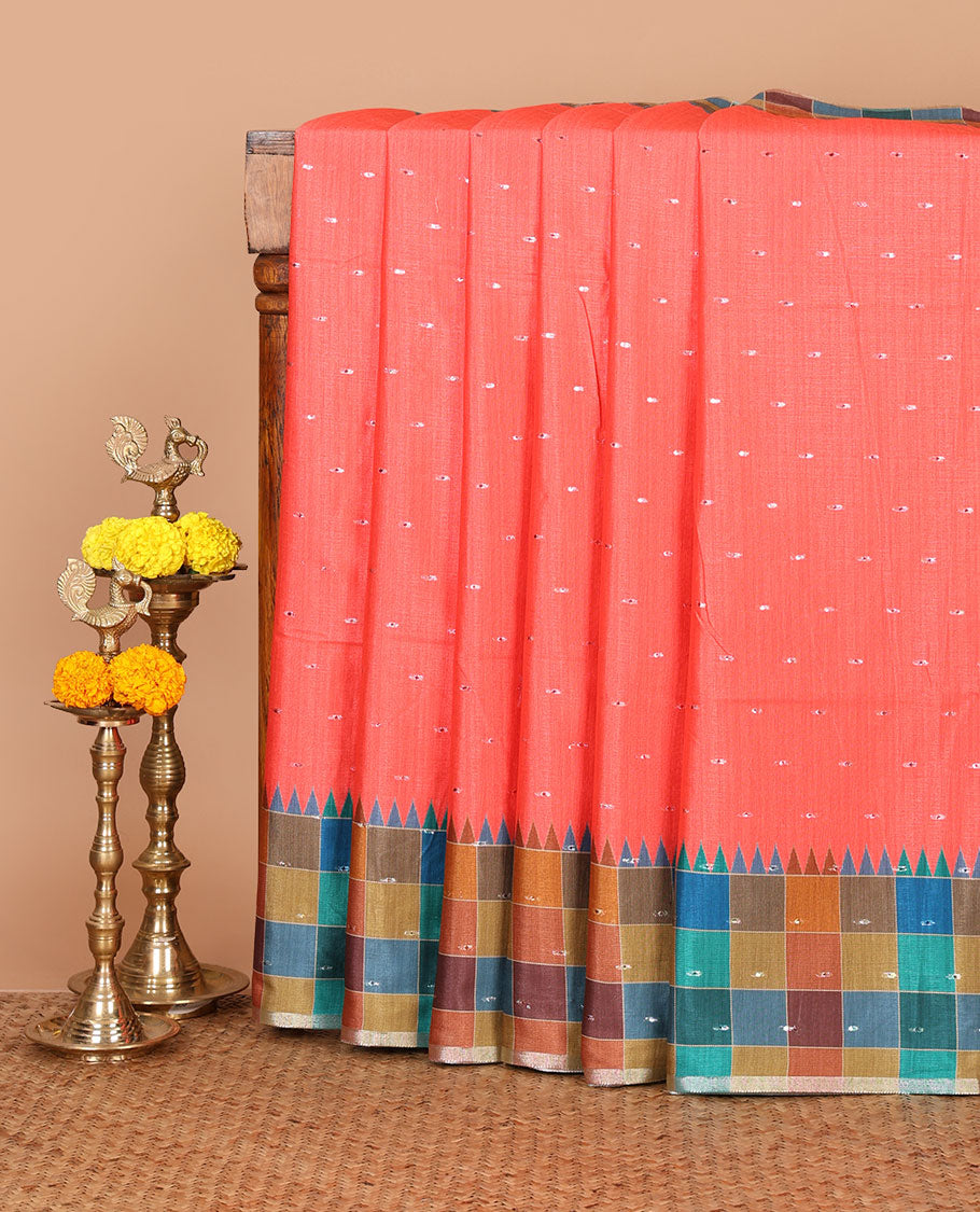 Tomato pink zari buttas Kathan silk saree, contrast border & pallu of multi-color checks & temple design, blouse of multi-color checks & buttas