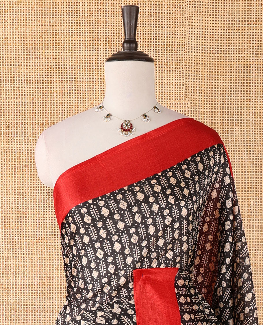 Black batik-style geometric motifs block printed khadi cotton saree,contrast border, batik floral print pallu & plain red blouse
