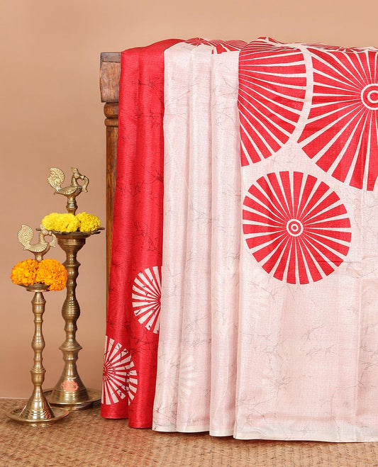 Borderless White with red sunbrust design skirt pattern khadi cotton saree & big sunbrust printed pallu with tussels