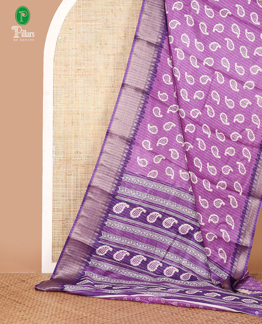 Lavender zari striped & batik-paisley dola silk saree,contrast traditional zari border,printed pallu & zari striped & butta print blouse