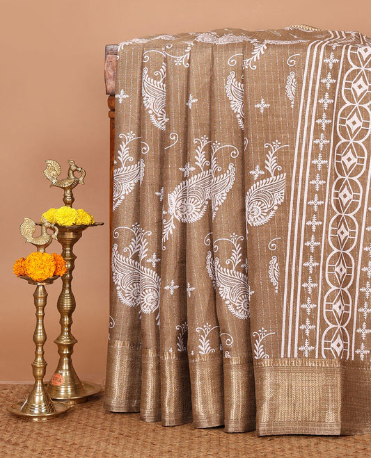 Tan color zari stripes & floral motifs printed dola silk saree, traditional zari border, printed pallu & small butta printed blouse