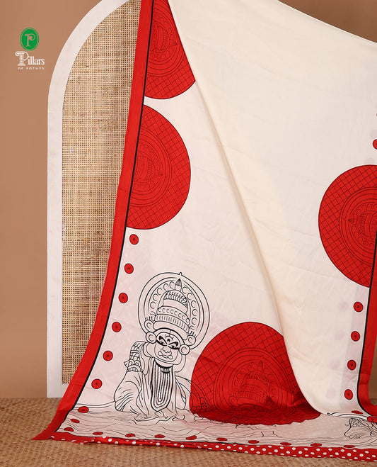 Cream printed semi-modal silk saree,  contrast red border of kathakali motif enclosed semi-circle, kathakali printed pallu & printed blouse