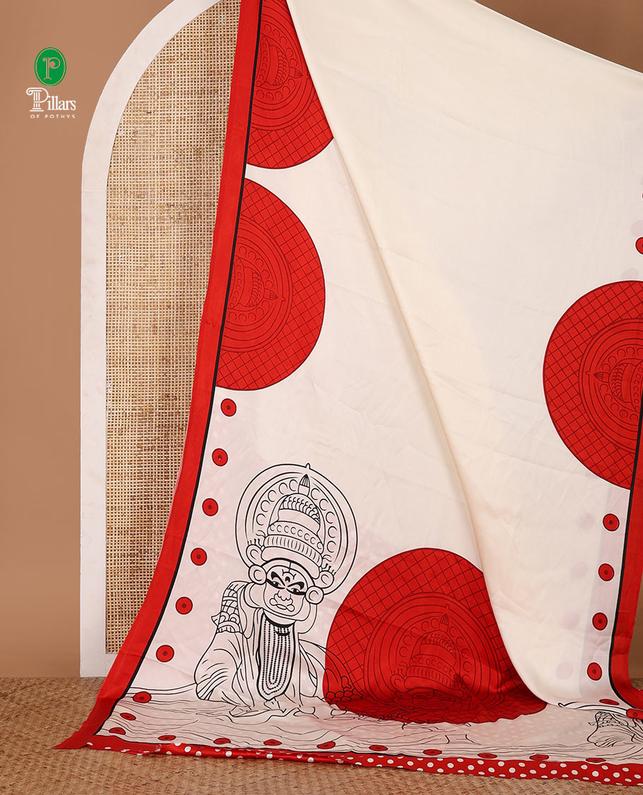 Cream printed semi-modal silk saree,  contrast red border of kathakali motif enclosed semi-circle, kathakali printed pallu & printed blouse