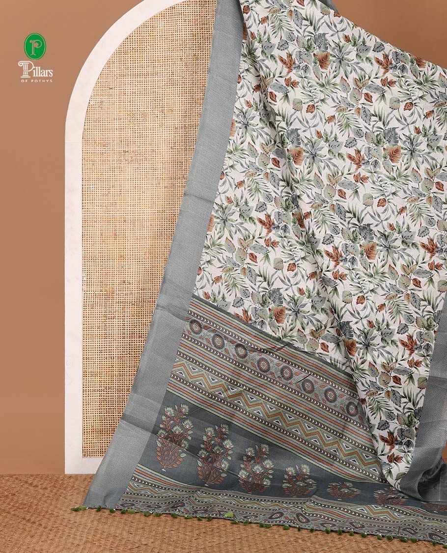 White tropical floral printed khadi cotton saree,contrast Grey printed border,floral-geometric printed pallu & tropical floral print blouse