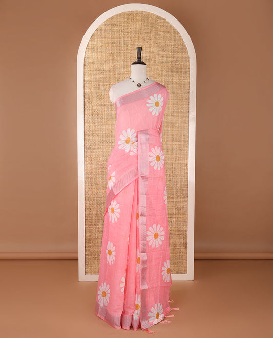 Light pink sunflower motif printed linen saree, silver zari plain border & small sunflower motif print blouse
