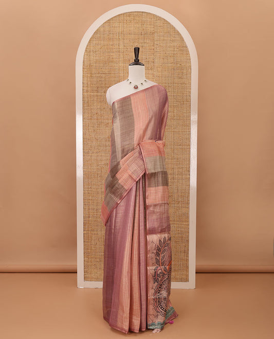 Baby pink rainbow-striped mercerised tissue saree, madhubani-style peacocks print pallu & kalamkari floral vine print pallu