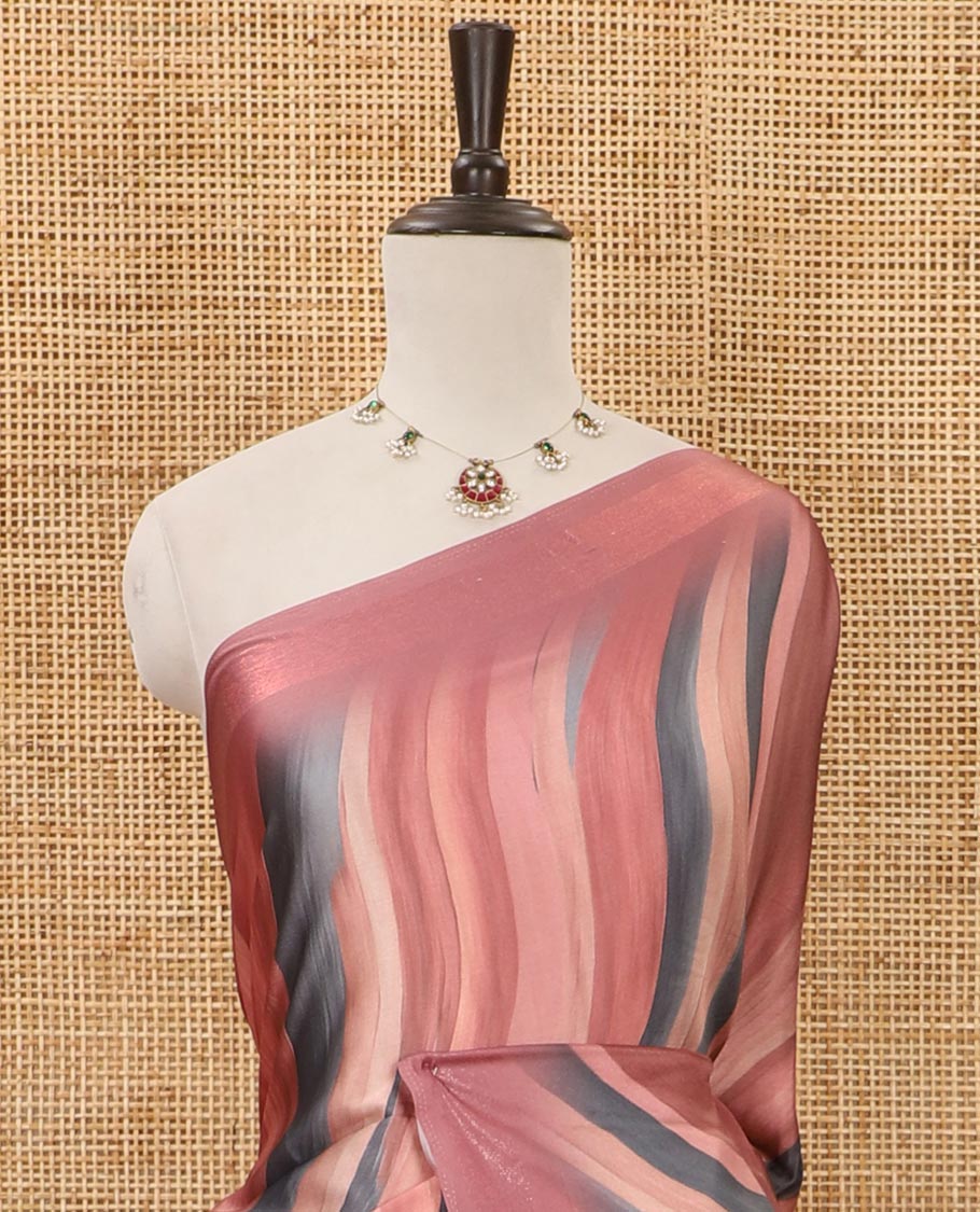 Pink ombre-color abstract-printed satin crepe saree, copper zari line weave border & matching jaal printed blouse