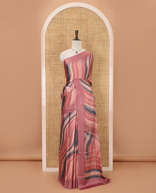 Pink ombre-color abstract-printed satin crepe saree, copper zari line weave border & matching jaal printed blouse