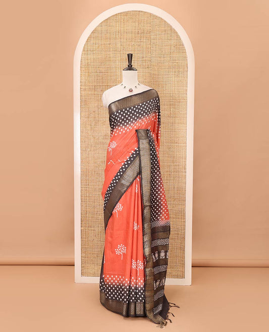 Pink batik printed Bhagalpuri cotton saree, contrast gold zari diamond-patterned border, printed pallu & pink blouse of print & zari work
