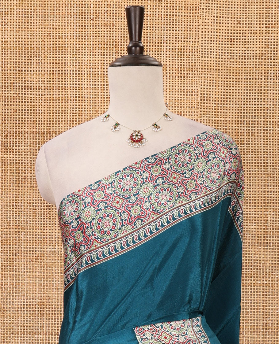 Ramar blue plain design Turkey crepe saree, intricately Ajrakh-printed border, pallu & matching blouse