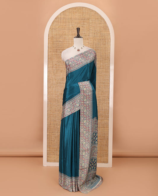 Ramar blue plain design Turkey crepe saree, intricately Ajrakh-printed border, pallu & matching blouse