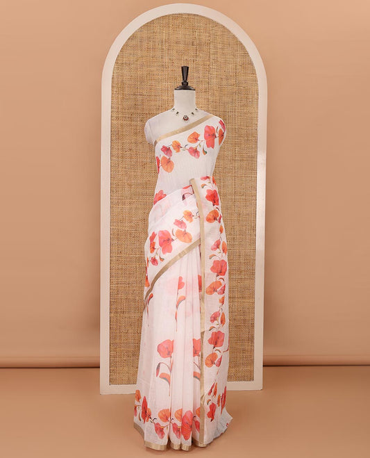White-base orange color floral creeper printed linen saree, zari piping border, floral creeper print pallu & floral print blouse