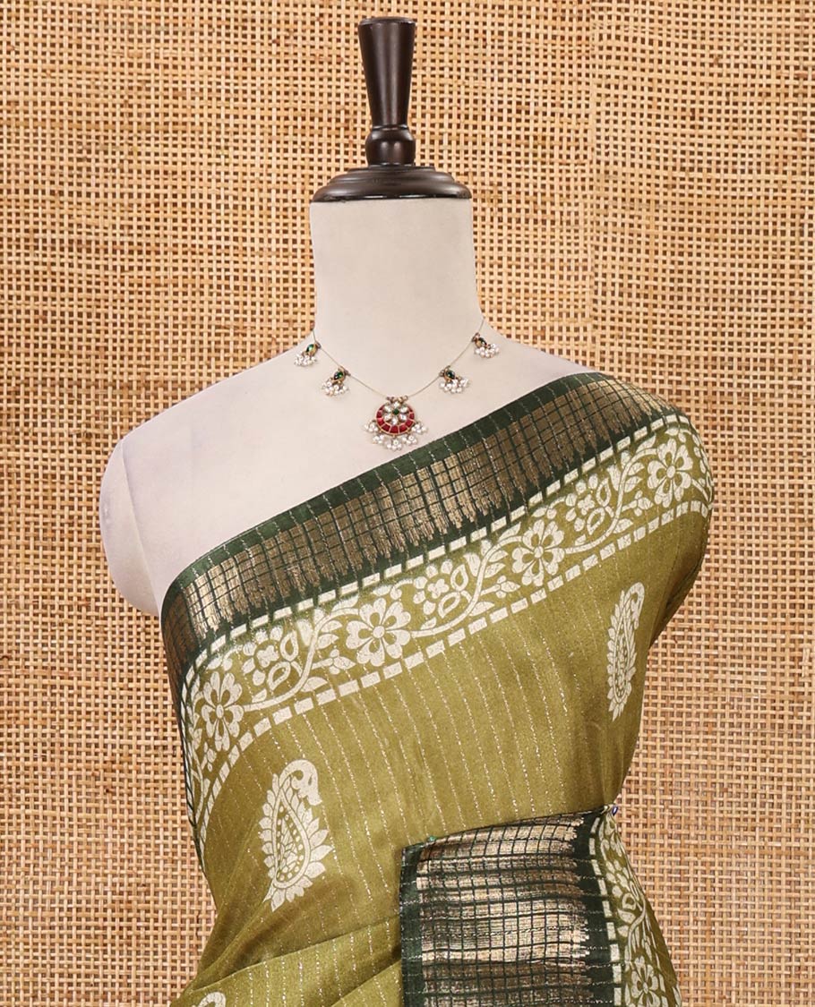 Olive green zari striped & batik paisley-floral printed dola silksaree,contrast zari border,batik paisley print pallu & blouse of print & zari work