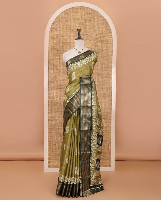Olive green zari striped & batik paisley-floral printed dola silksaree,contrast zari border,batik paisley print pallu & blouse of print & zari work