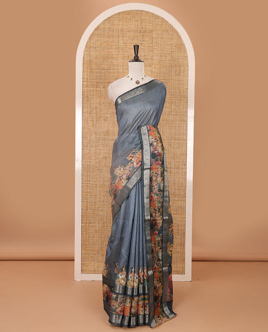 Grey ancient Mughal human printed semi-tussar saree, traditional zari rettai pettu ancient human motifs print border, printed pallu & running blouse