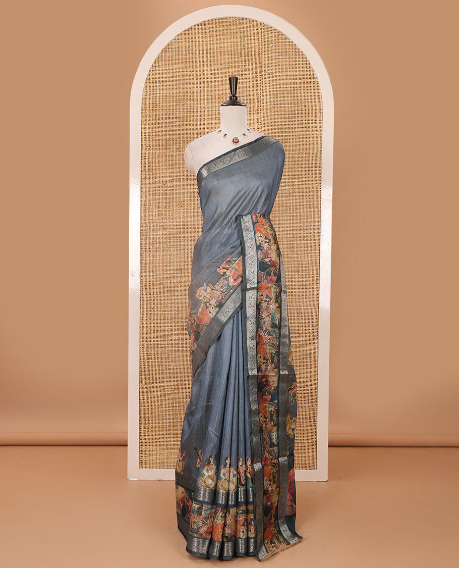 Grey ancient Mughal human printed semi-tussar saree, traditional zari rettai pettu ancient human motifs print border, printed pallu & running blouse