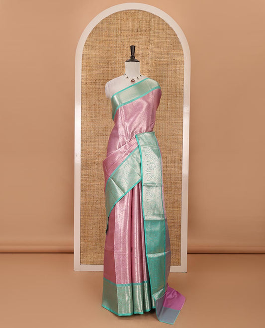 Lavender zari jacquard tissue banaras saree, contrast traditional zari design border, intricate pallu & contrast jacquard blouse