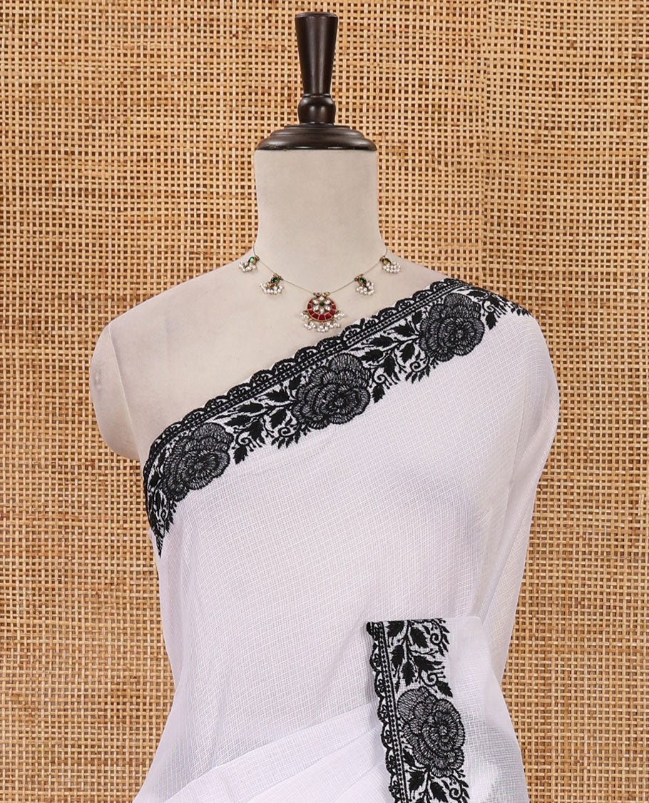 White plain kota checks saree, black rose thread embroidered scallop border & self-pallu & matching floral thread embroidered blouse