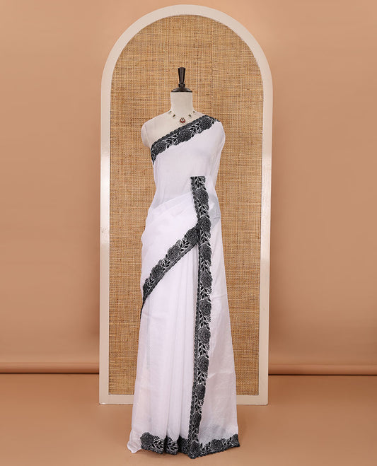 White plain kota checks saree, black rose thread embroidered scallop border & self-pallu & matching floral thread embroidered blouse
