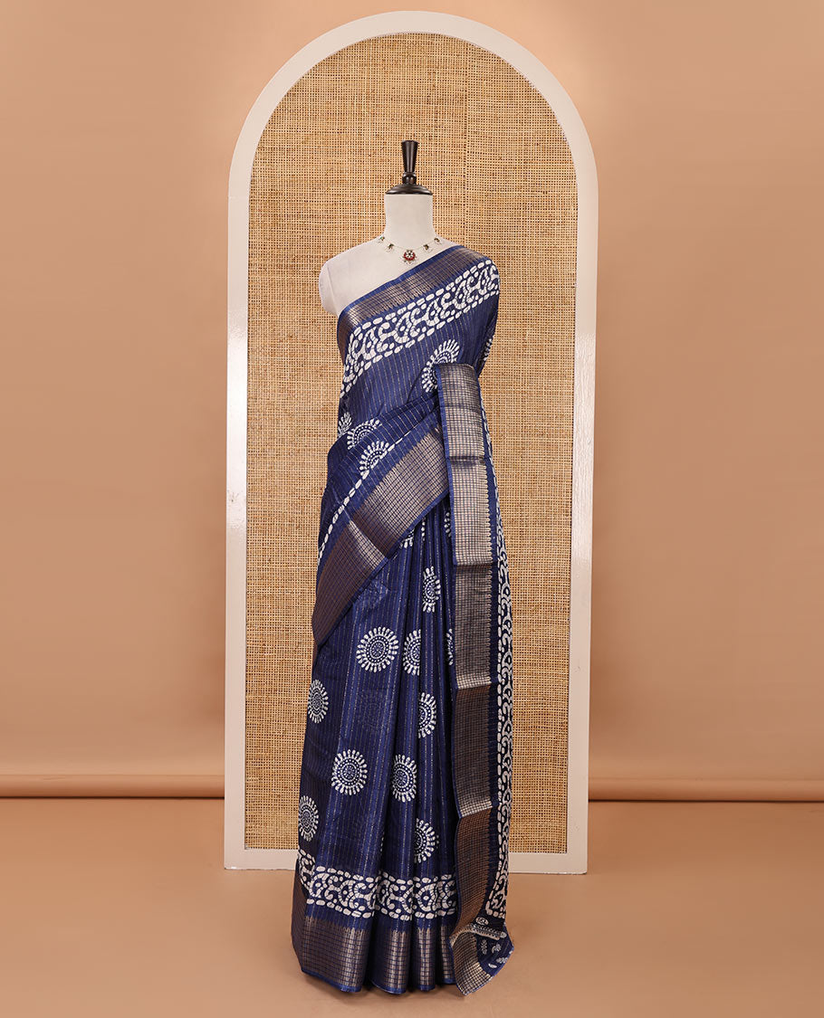 Navy blue golden zari striped & batik-printed dola silk saree, traditional zari border & batik printed pallu & matching batik printed blouse