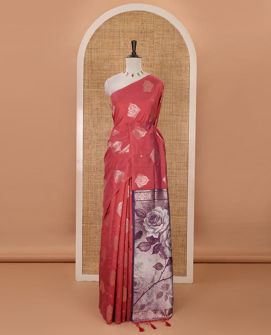 Borderless onion pink golden zari buttas woven mulberry silk saree, contrast rose floral digitally woven pallu & zari design blouse