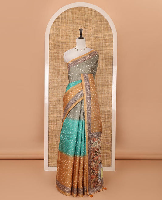Mustard 3D-dying with bandhani printed design kota saree , self printed border , radhe and kalamkari style printed pallu & contrast printed blouse