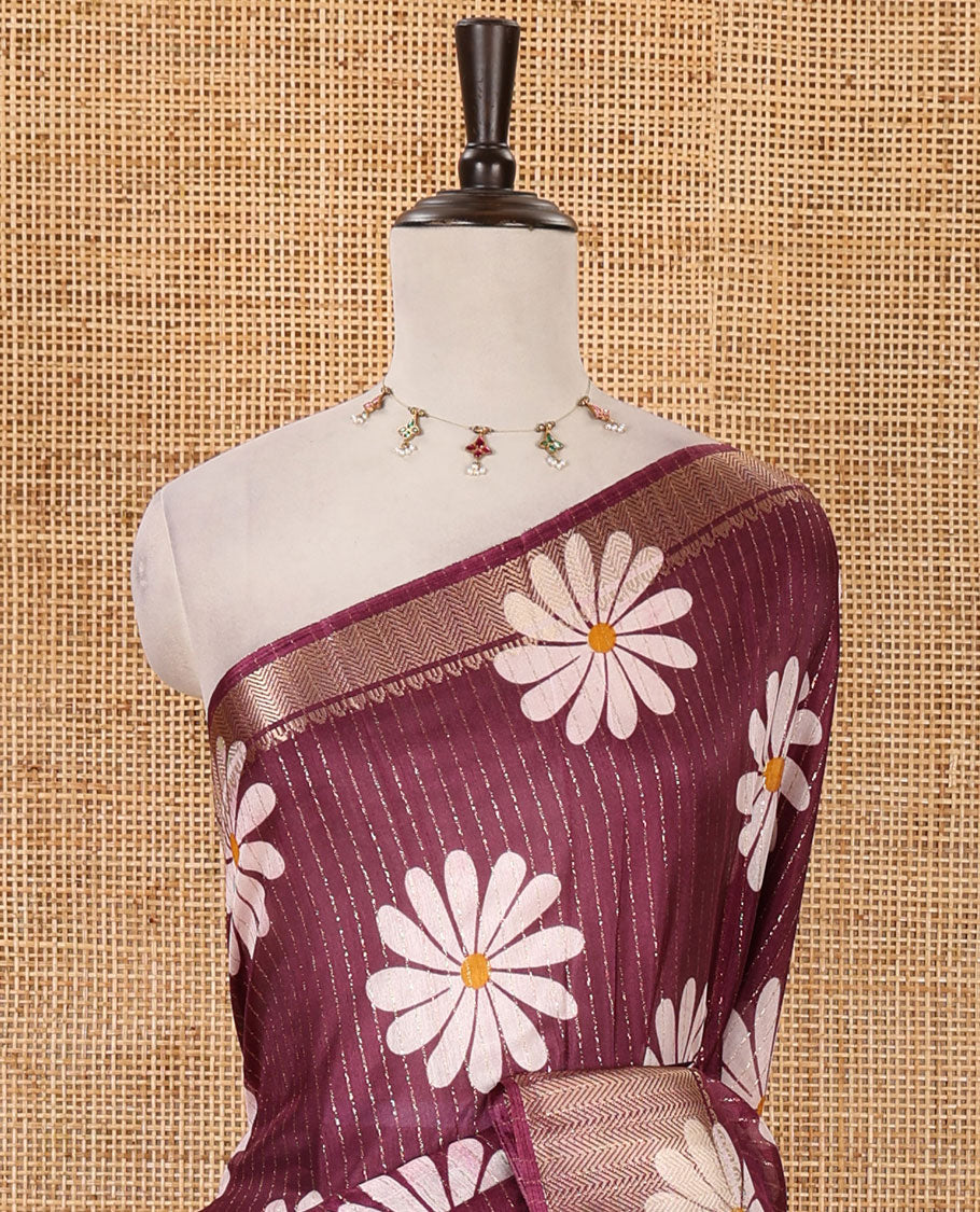 Purple zari striped & sunflower motifs printed dola silk saree, traditional zari border, ikkat printed pallu & printed blouse