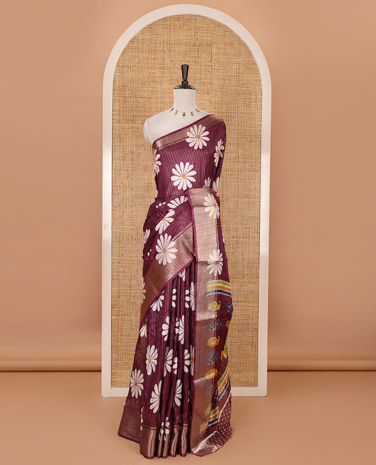 Purple zari striped & sunflower motifs printed dola silk saree, traditional zari border, ikkat printed pallu & printed blouse