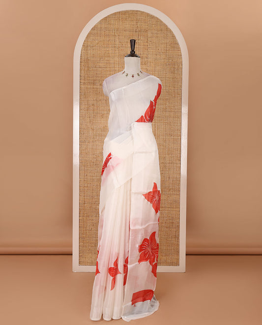 Cream floral placement-style printed Marble chiffon saree, zari border & contrast red gotta patti work & mixed embroidered blouse