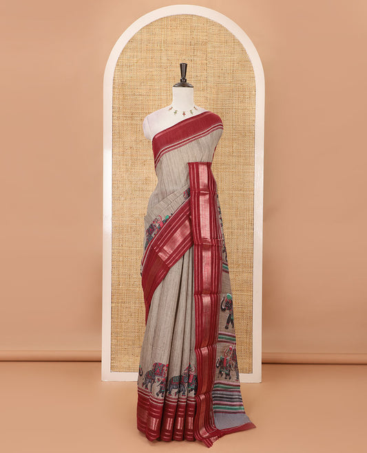 Grey with purple plain & elephant motifs printed soft-tussar saree, contrast zari border, pallu of elephant & geometric print & plain blouse