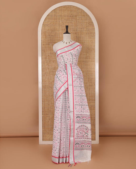 White with pink warli pattern printed design linen with silver zari bavanji border & printed pallu with tussels