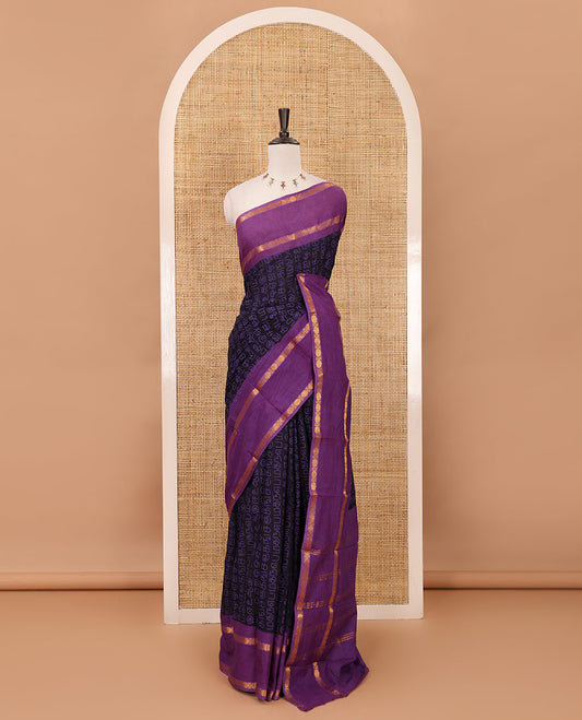 Black-violet Tamil letters printed Sungudi cotton saree, contrast rudraksham rettai pettu zari border, striped pallu & contrast veldhari striped blouse