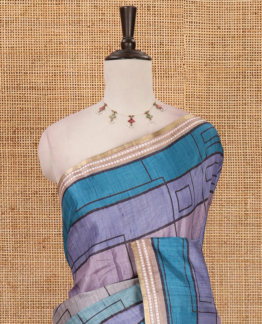 Blue abstract geometric printed semi-tussar saree, contrast thread triangle motifs border, striped pallu & contrast striped blouse