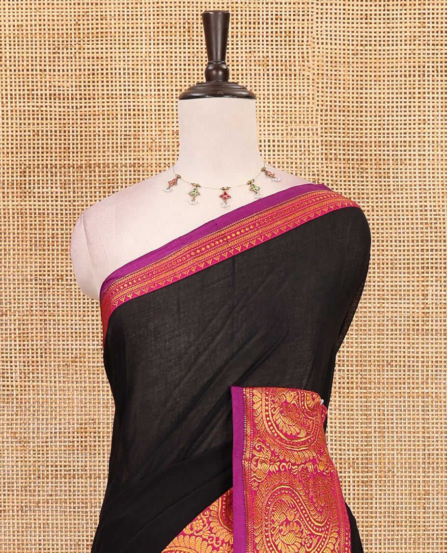 Black plain design mercerised cotton saree, contrast traditional peacock enclosed manga border, striped pallu & matching blouse