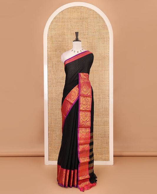 Black plain design mercerised cotton saree, contrast traditional peacock enclosed manga border, striped pallu & matching blouse