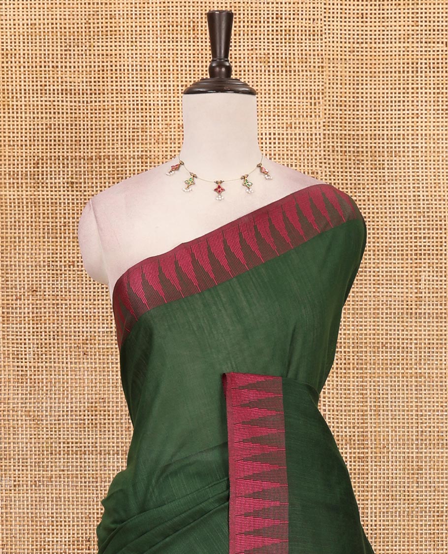 Green plain staple cotton saree, contrast temple border, striped pallu & vertical striped blouse