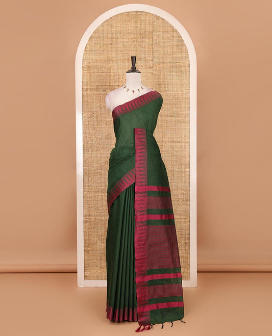 Green plain staple cotton saree, contrast temple border, striped pallu & vertical striped blouse