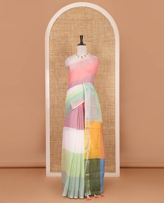 Multi-color rainbow colored strip-blocked linen cotton saree, silver zari border & contrast blouse