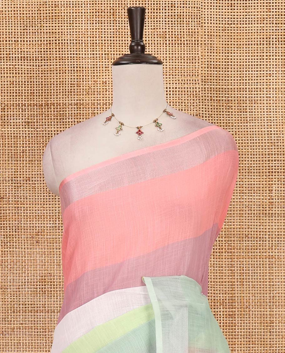 Multi-color rainbow colored strip-blocked linen cotton saree, silver zari border & contrast blouse