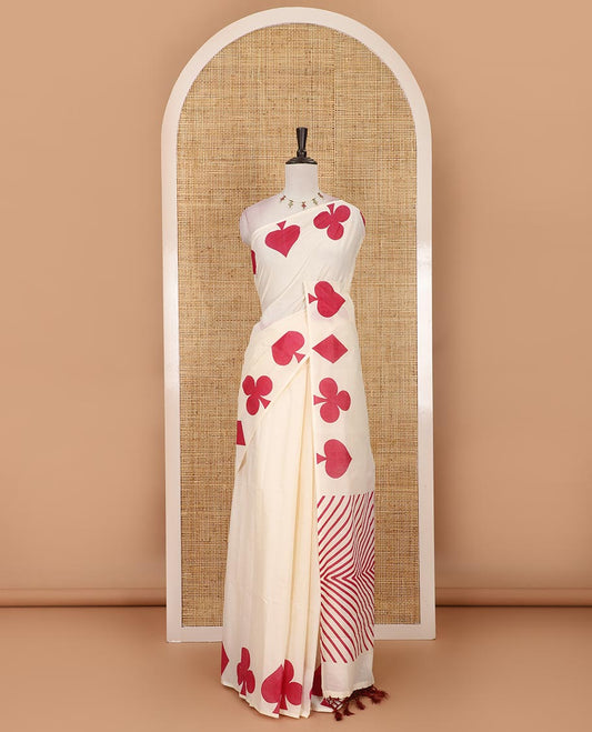 Cream-maroon plain Kerala cotton saree, contrast color cards-theme printed border of Diamonds, Clubs, and Spades, leheriya-striped pallu, and plain blouse