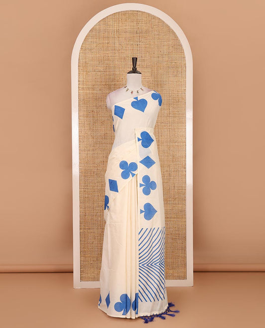 Cream-blue plain Kerala cotton saree, contrast color cards-theme printed border of Diamonds, Clubs, and Spades, leheriya-striped pallu, and plain blouse