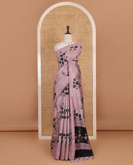Borderless light lavender five petal floral motifs printed semi tussar saree, self-pallu of  floral print, and printed blouse