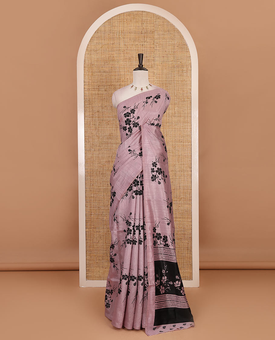 Borderless light lavender five petal floral motifs printed semi tussar saree, self-pallu of  floral print, and printed blouse