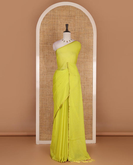Borderless leaf green plain design viscose saree, flower motifs printed matching blouse