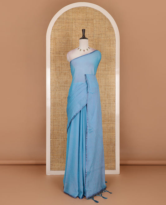 Borderless sky blue plain design viscose saree, flower motifs printed matching blouse