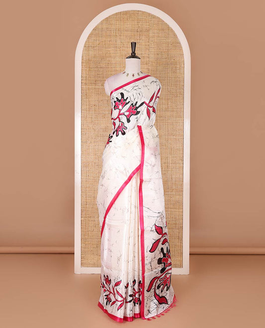 Half-white batik-style floral vine printed khadi cotton saree, contrast rani pink border, batik floral printed, and contrast flower motifs printed blouse